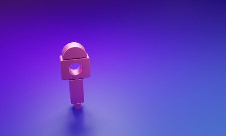 Pink Microphone icon isolated on purple-blue background. On air radio mic microphone. Speaker sign. Minimalism concept. 3D render illustration.の写真素材