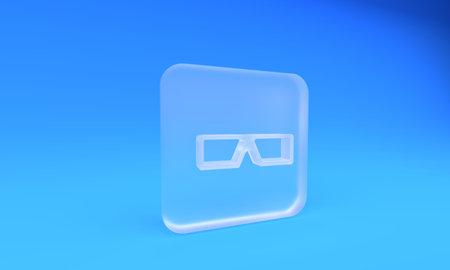 Frosted glass 3D cinema glasses icon isolated on blue background. Square frosted glass button. 3D render illustration.の写真素材