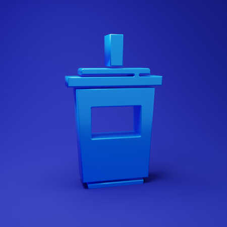 Blue Paper glass with drinking straw and water icon isolated on blue background. Fresh cold beverage symbol. Minimalism concept. 3D render illustration.の写真素材