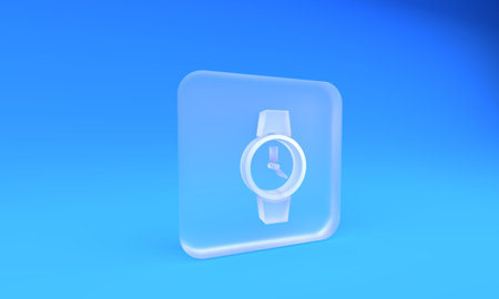 Frosted glass Wrist watch icon isolated on blue background. Wristwatch icon. Square frosted glass button. 3D render illustration.の写真素材