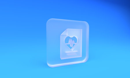 Frosted glass Health insurance icon isolated on blue background. Patient protection. Security, safety, protection, protect concept. Square frosted glass button. 3D render illustration.の写真素材