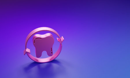 Pink Tooth whitening concept icon isolated on purple-blue background. Tooth symbol for dentistry clinic or dentist medical center. Minimalism concept. 3D render illustration.の写真素材