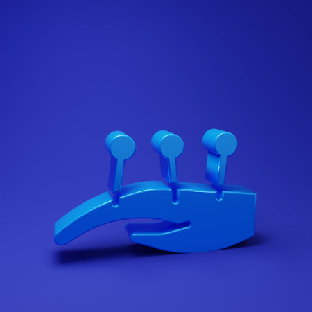 Blue Acupuncture therapy on the hand icon isolated on blue background. Chinese medicine. Holistic pain management treatments. Minimalism concept. 3D render illustration.の写真素材