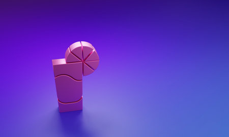 Pink Tequila glass with lemon icon isolated on purple-blue background. Mexican alcohol drink. Minimalism concept. 3D render illustration.の写真素材