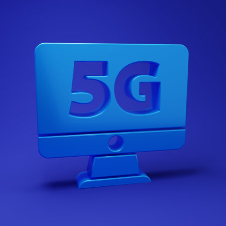 Blue Monitor with 5G new wireless internet wifi icon isolated on blue background. Global network...