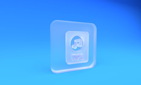 Frosted glass MP3 file document. Download mp3 button icon isolated on blue background. Mp3 music format sign. MP3 file symbol. Square frosted glass button. 3D render illustration.の写真素材