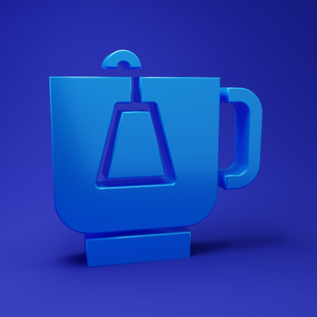 Blue Cup of tea with tea bag icon isolated on blue background. Minimalism concept. 3D render illustration.の写真素材