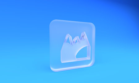 Frosted glass Mountains icon isolated on blue background. Symbol of victory or success concept. Goal achievement. Square frosted glass button. 3D render illustration.の写真素材