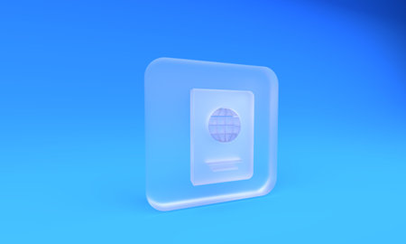 Frosted glass Passport with biometric data icon isolated on blue background. Identification...