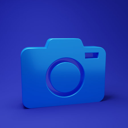 Blue Photo camera icon isolated on blue background. Photo camera icon. Minimalism concept. 3D render illustration.の写真素材
