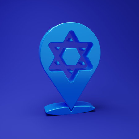 Blue Star of David icon isolated on blue background. Jewish religion symbol. Symbol of Israel. Minimalism concept. 3D render illustration.の写真素材