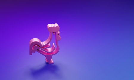 Pink French rooster icon isolated on purple-blue background. Minimalism concept. 3D render illustration.の写真素材