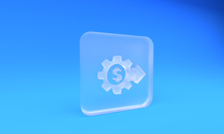 Frosted glass Gear with dollar symbol icon isolated on blue background. Business and finance...
