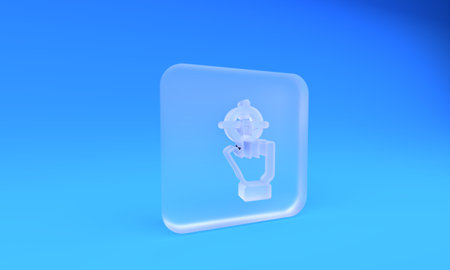 Frosted glass Target financial goal concept icon isolated on blue background. Symbolic goals achievement, success. Square frosted glass button. 3D render illustration.の写真素材