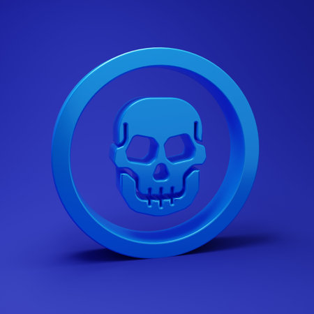 Blue Mexican skull coin icon isolated on blue background. Minimalism concept. 3D render...