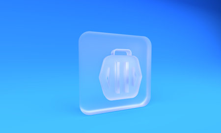 Frosted glass Pet carry case icon isolated on blue background. Carrier for animals, dogs and cats. Container for animals. Animal transport box. Square frosted glass button. 3D render illustration.の写真素材