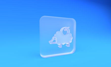 Frosted glass Sheep icon isolated on blue background. Animal symbol. Square frosted glass button. 3D render illustration.の写真素材