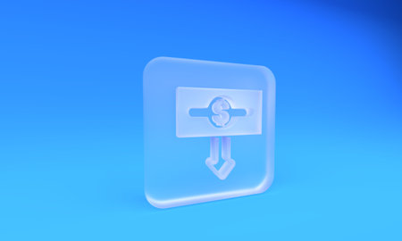Frosted glass Dollar rate decrease icon isolated on blue background. Cost reduction. Money symbol...