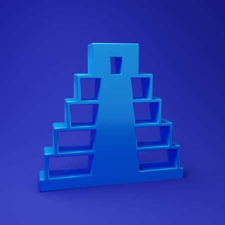 Blue Chichen Itza in Mayan icon isolated on blue background. Ancient Mayan pyramid. Famous monument of Mexico. Minimalism concept. 3D render illustration.の写真素材