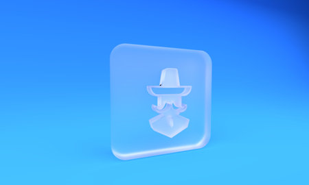 Frosted glass man wearing sombrero icon isolated on blue background. Man with a mustache. Square frosted glass button. 3D render illustration.の写真素材