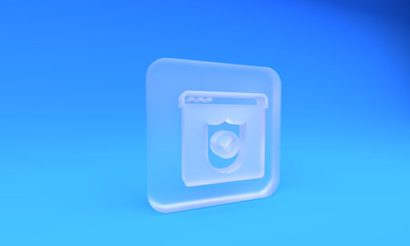 Frosted glass Browser with shield icon isolated on blue background. Security, safety, protection,...