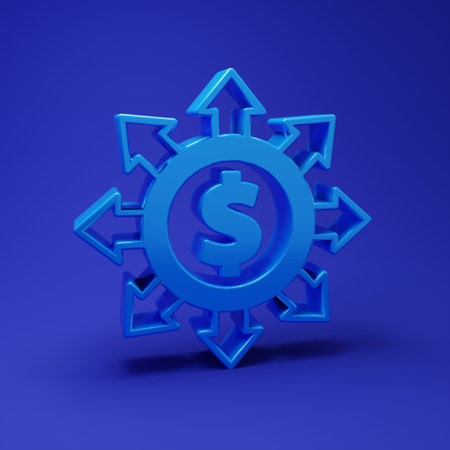 Blue Dollar, share, network icon isolated on blue background. Minimalism concept. 3D render illustration.の写真素材