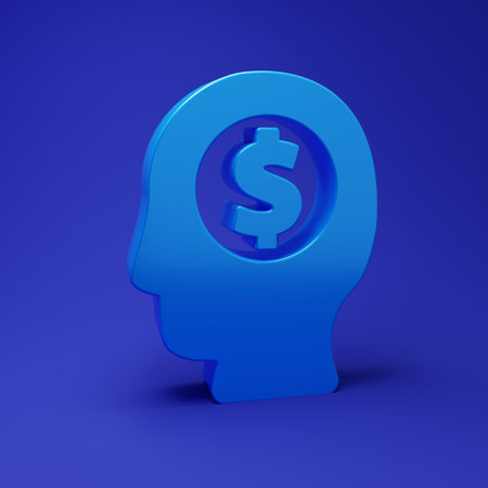 Blue Business man planning mind icon isolated on blue background. Human head with dollar. Idea to...