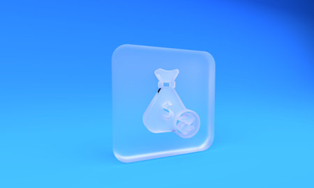 Frosted glass Money bag icon isolated on blue background. Dollar or USD symbol. Cash Banking...