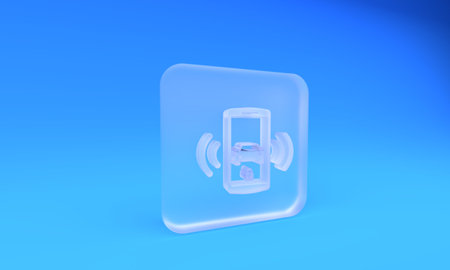 Frosted glass Smart car alarm system icon isolated on blue background. The smartphone controls the...