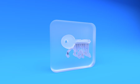 Frosted glass Cryptocurrency key icon isolated on blue background. Concept of cyber security or private key, digital key with technology interface. Square frosted glass button. 3D render illustration.の写真素材
