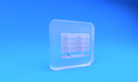 Frosted glass Server, Data, Web Hosting icon isolated on blue background. Square frosted glass...