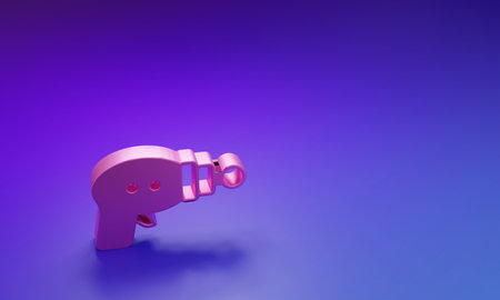 Pink Ray gun icon isolated on purple-blue background. Laser weapon. Space blaster. Minimalism concept. 3D render illustration.の写真素材