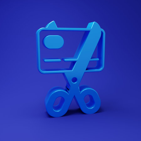 Blue Scissors cutting a credit card icon isolated on blue background. Online payment. Cash withdrawal. Financial operations. Shopping sign. Minimalism concept. 3D render illustration.の写真素材