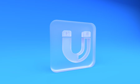 Frosted glass Magnet icon isolated on blue background. Horseshoe magnet, magnetism, magnetize, attraction sign. Square frosted glass button. 3D render illustration.の写真素材