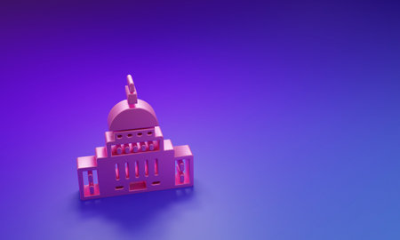 Pink building icon isolated on purple-blue background. Minimalism concept. 3D render illustration.の写真素材