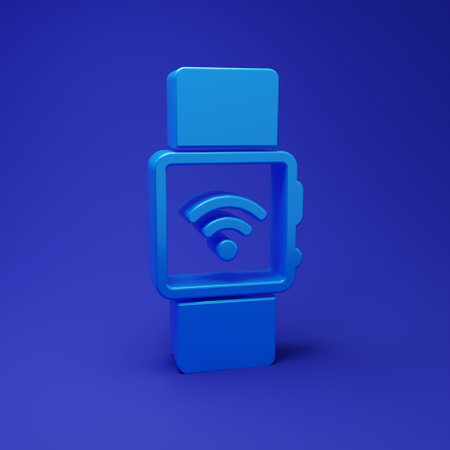 Blue Smartwatch with wireless symbol icon isolated on blue background. Minimalism concept. 3D render...