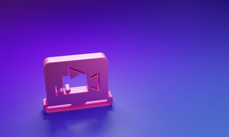 Pink Online play video icon isolated on purple-blue background. Film strip with play sign. Minimalism concept. 3D render illustration.の写真素材