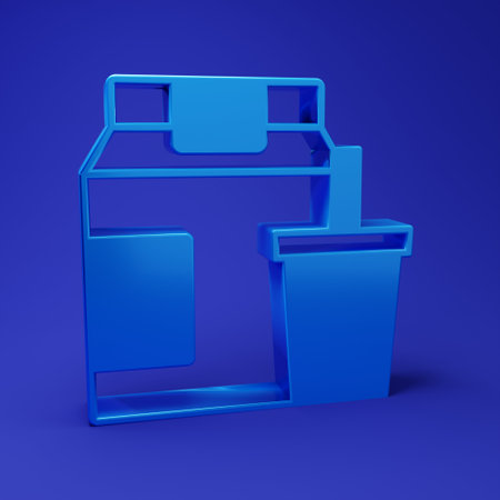 Blue Online ordering and fast food delivery icon isolated on blue background. Minimalism concept. 3D render illustration.の写真素材