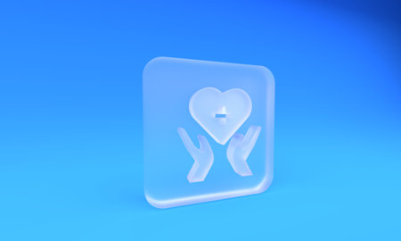 Frosted glass Heart with a cross icon isolated on blue background. First aid. Healthcare, medical...