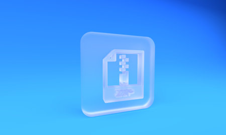 Frosted glass ZIP file document. Download zip button icon isolated on blue background. ZIP file symbol. Square frosted glass button. 3D render illustration.の写真素材