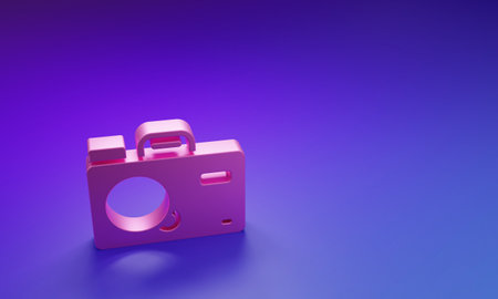 Pink Photo camera icon isolated on purple-blue background. Foto camera. Digital photography. Minimalism concept. 3D render illustration.の写真素材