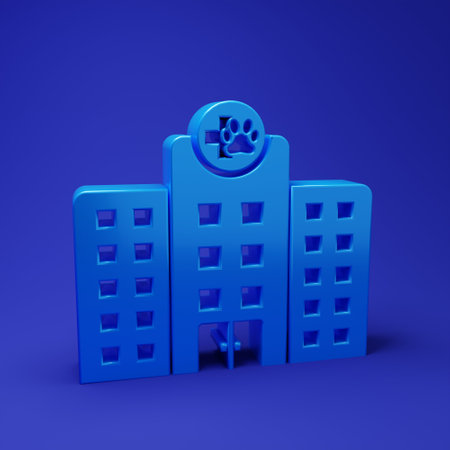 Blue Veterinary medicine hospital, clinic or pet shop for animals icon isolated on blue background. Vet or veterinarian clinic. Minimalism concept. 3D render illustration.の写真素材
