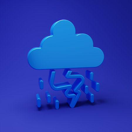 Blue Storm icon isolated on blue background. Cloud and lightning sign. Weather icon of storm. Minimalism concept. 3D render illustration.の写真素材