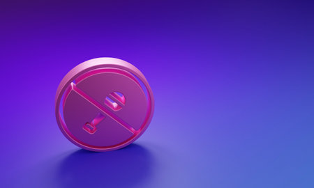 Pink Mute microphone icon isolated on purple-blue background. Microphone audio muted. Minimalism concept. 3D render illustration.の写真素材