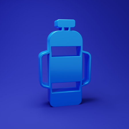 Blue icon isolated on blue background. Oxygen tank for diver. Diving equipment. Extreme sport. Diving underwater equipment. Minimalism concept. 3D render illustration.の写真素材