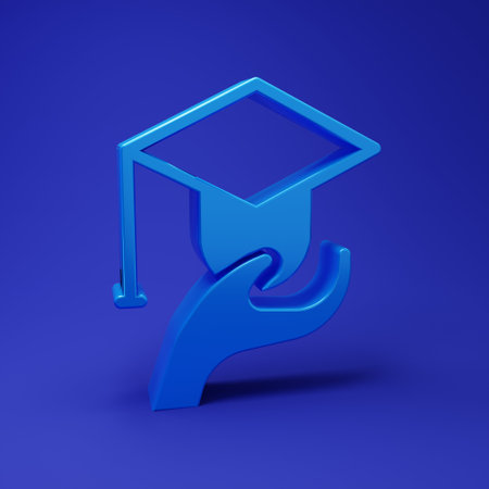 Blue Education grant icon isolated on blue background. Tuition fee, financial education, budget fund, scholarship program, graduation hat. Minimalism concept. 3D render illustration.の写真素材