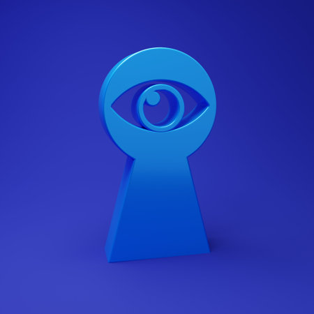 Blue Keyhole with eye icon isolated on blue background. The eye looks into the keyhole. Keyhole eye hole. Minimalism concept. 3D render illustration.の写真素材