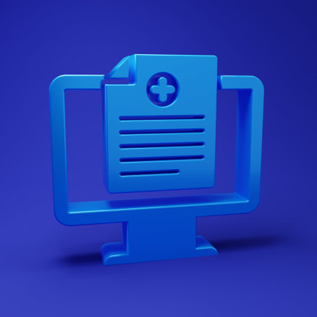Blue Medical clinical record on monitor icon isolated on blue background. Health insurance form. Prescription, medical check marks report. Minimalism concept. 3D render illustration.の写真素材