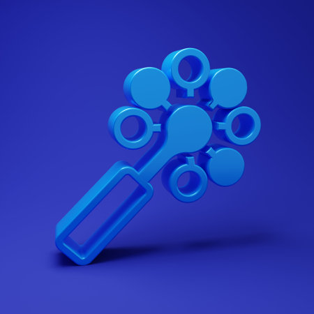 Blue Rattle baby toy icon isolated on blue background. Beanbag sign. Minimalism concept. 3D render illustration.の写真素材