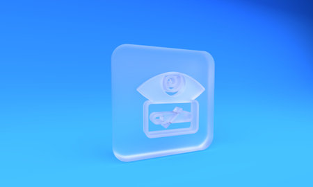 Frosted glass Hypnosis icon isolated on blue background. Human eye with spiral hypnotic iris. Square frosted glass button. 3D render illustration.の写真素材